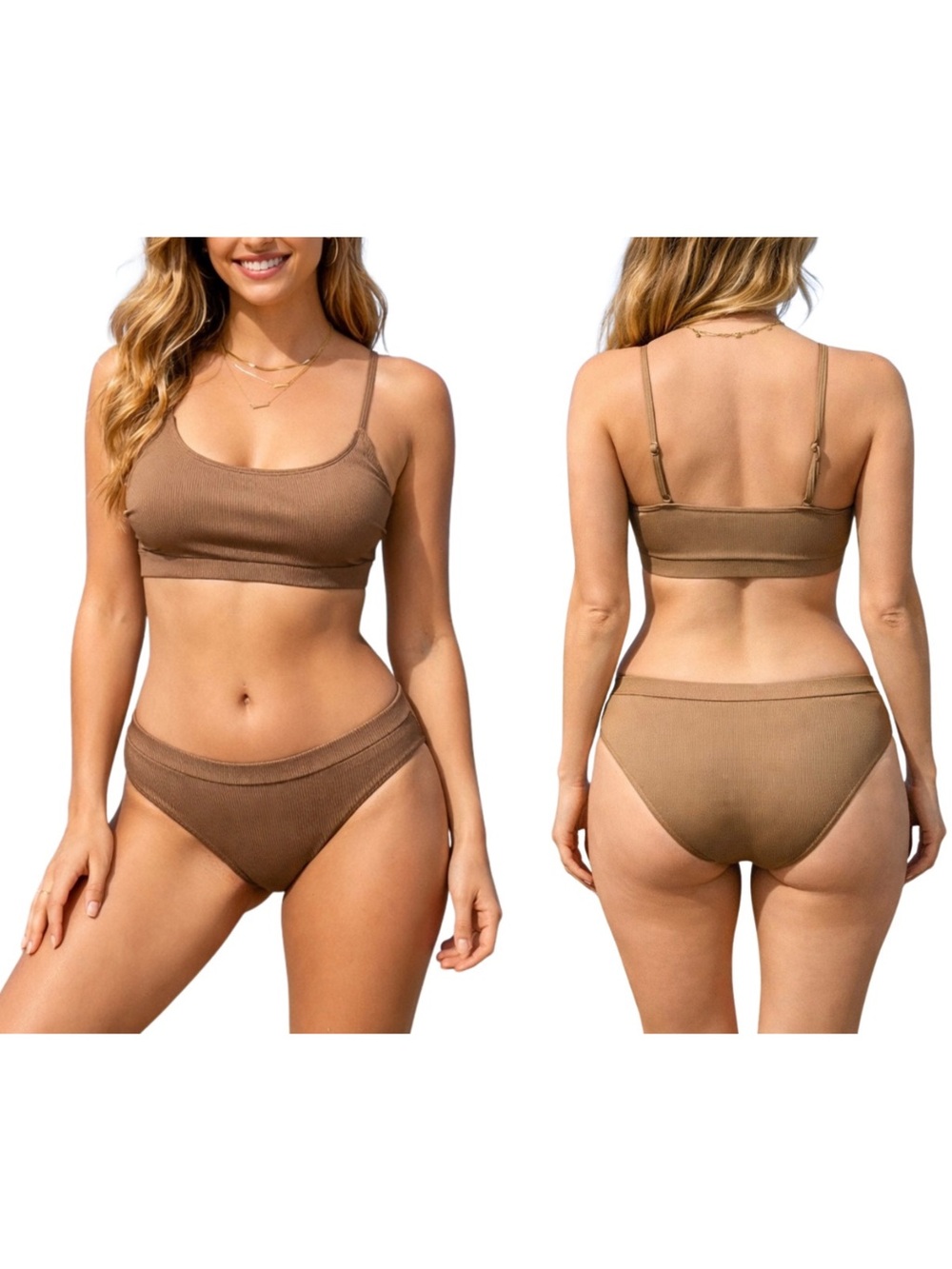 CUPSHE Brown Ribbed Neutral Bikini Set • Size Large • NEW WITH TAGS